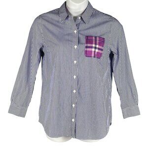 Vineyard Vines Womens 8 Relaxed Fit Purple Striped Button Up Shirt Plaid Pocket